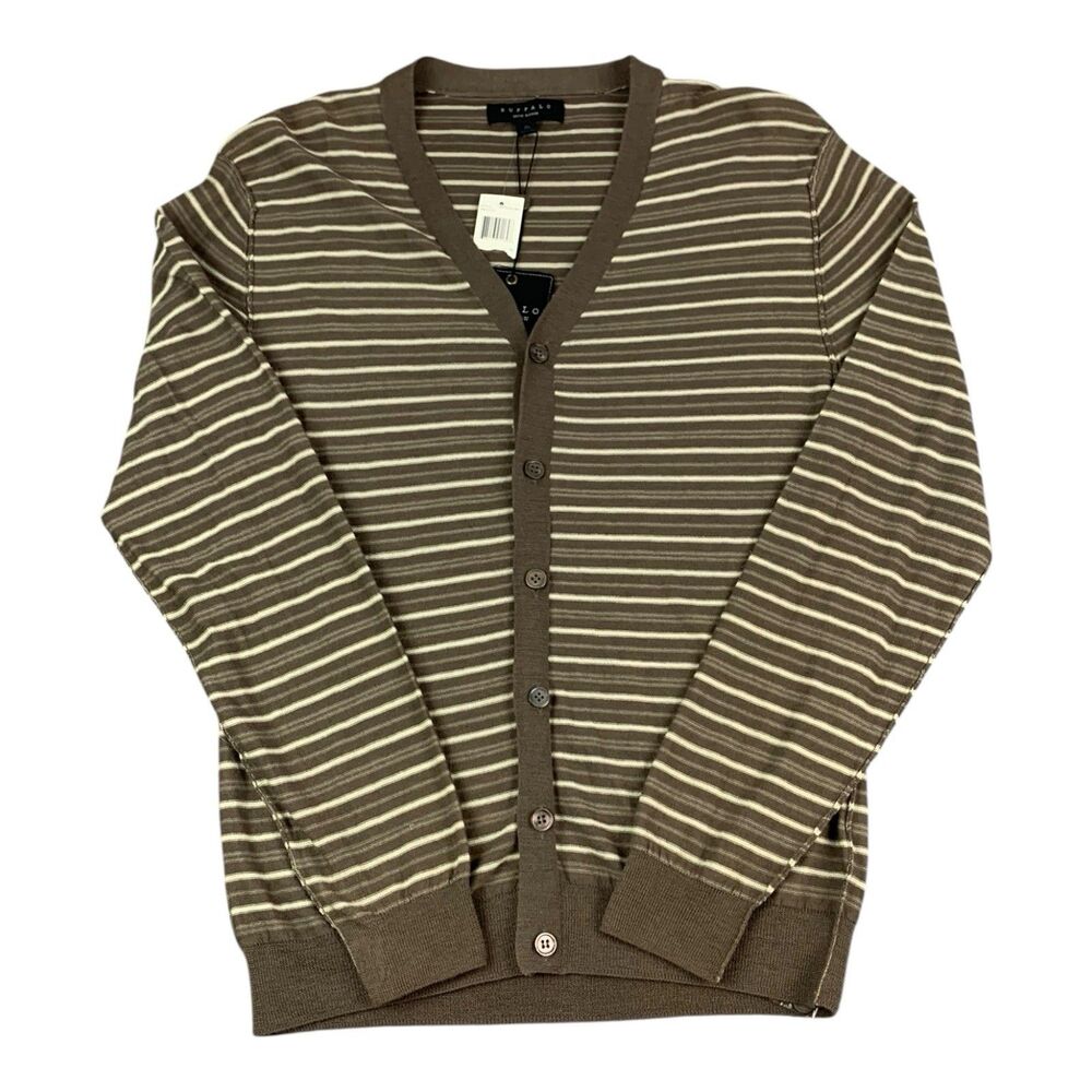 Buffalo David Bitton Cardigan Lightweight Wool Brown Striped Men’s XL NEW
